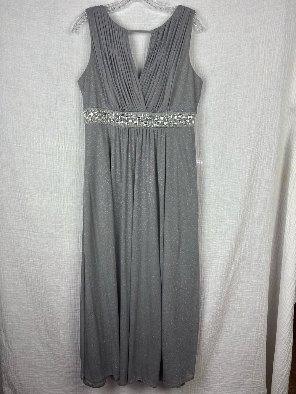 Onyx Nite Gray Sparkly V-Neck Maxi Dress with Rhinestone Empire Waist Size 10